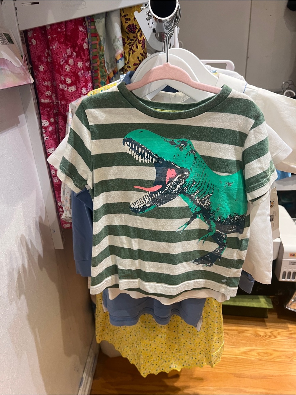 Mini Boden Green & White Striped Tee with Turquoise Dinosaur